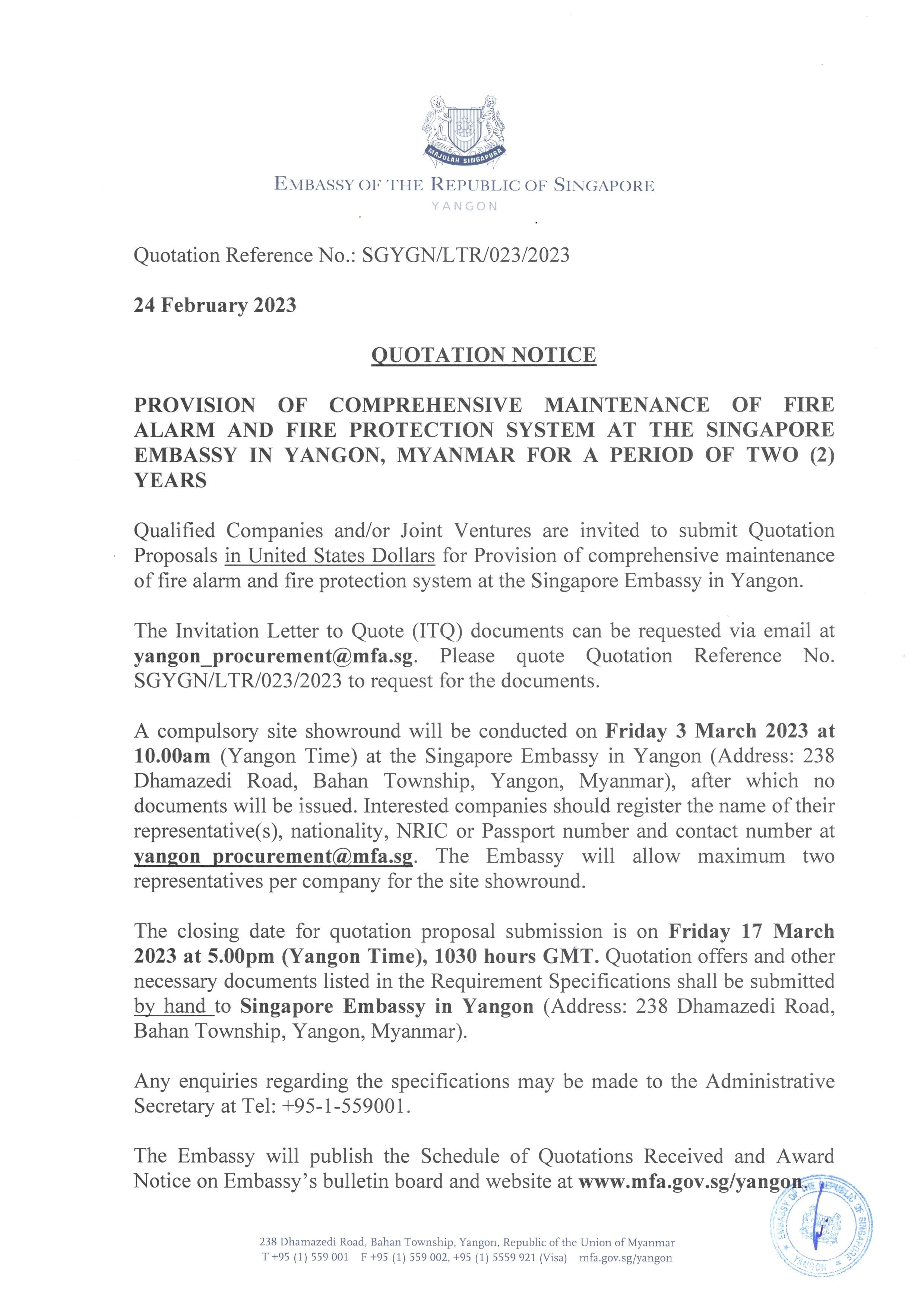 Singapore Embassy notice: Fire alarm maintenance bid invitation, dates, contact info. Official crest visible.